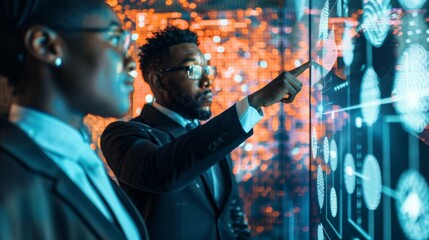 African businessman and businesswoman Discussing data infographic on interactive touch screens.
Business meeting and brainstorming concept.