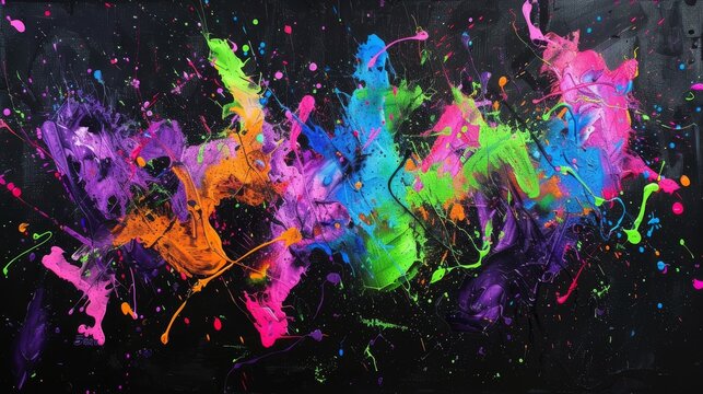 Dynamic paint splatter on black canvas showcasing energy. Vibrant color explosion in abstract art form. Creative expression with vivid paint splashes and drips.