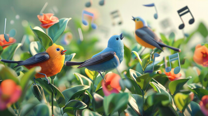 A whimsical 3D animated scene featuring birds singing in harmony surrounded by floating music notes - Powered by Adobe