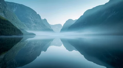 Cercles muraux Réflexion Majestic mountain scenery reflected in still waters, Pristine lake reflection with tranquil mountain range, Peaceful dawn with mountains mirrored in calm water.