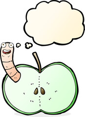 cartoon apple with worm with thought bubble