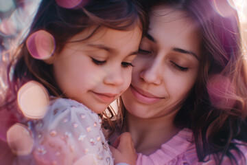 Obraz premium close up of mother and daughter hugging outdoor at sunny day. light purple light for mother's day images