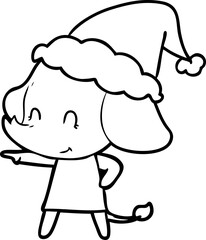cute line drawing of a elephant wearing santa hat