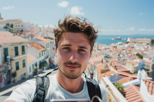 A man taking a selfie with a smartphone on a european city adventure break