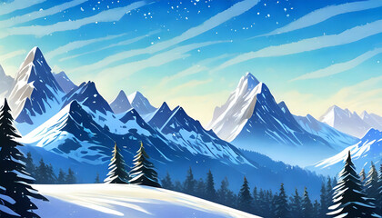 Graphic illustration of snowy mountains. Majestic peaks in snow. Winter scenery. Natural landscape.