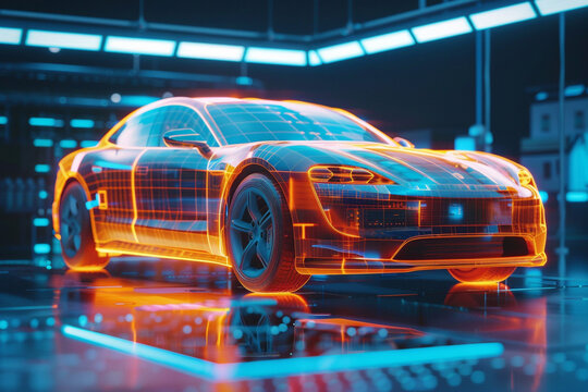 An animated infographic showcasing the innovative features of a modern car through a holographic display set against a captivating backdrop background