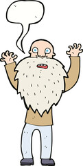 cartoon frightened old man with beard with speech bubble