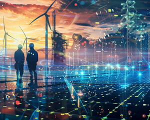An imaginative depiction of engineers working together to harness the power of the sun and wind through solar panels and turbines set in a fantastical backdrop of shimmering energy grids