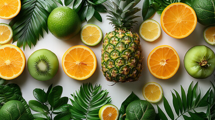 Pineapples and oranges with tropical plants lying on a white background top view