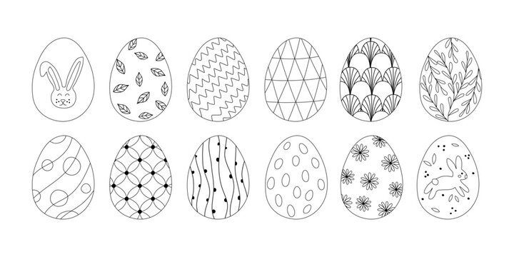 Set of Easter eggs with different patterns, doodle style flat vector outline for coloring book