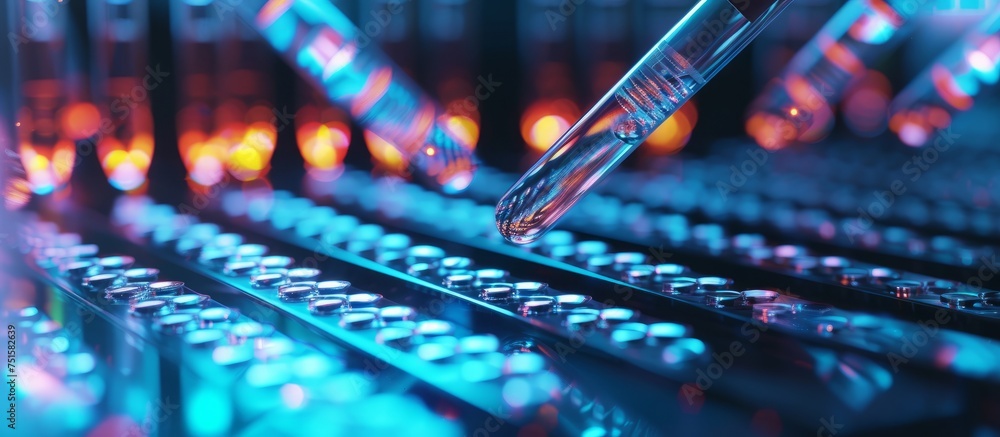 Poster close-up of a metallic pipe with colorful liquid inside in a laboratory setting