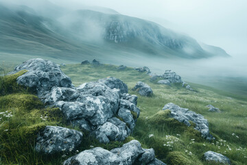 A foggy landscape scene in the Lake District in England, misty mountains in the distance - 751582638