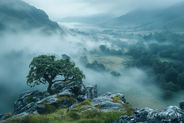 A foggy landscape scene in the Lake District in England, misty mountains in the distance - 751582816