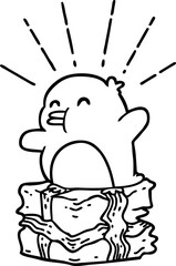 traditional black line work tattoo style penguin sitting on present