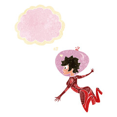 cartoon space woman with thought bubble