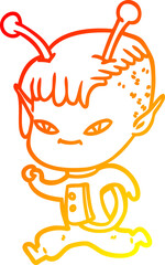 warm gradient line drawing cute cartoon alien girl