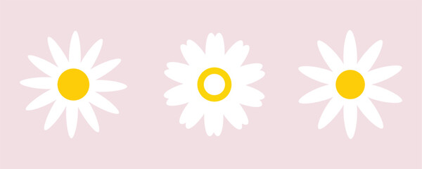 Cartoon daisy logo designs, chamomile flower icons. Flat spring floral elements. Blossom flowers with white petals. Doodle daisy vector set with background.