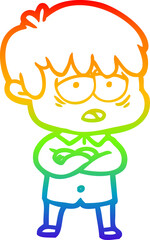 rainbow gradient line drawing cartoon exhausted boy