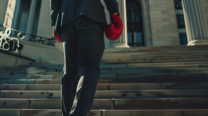 As they approach the courthouse steps, a lawyer's determined expression contrasts with the unconventional sight of their boxing gloves, signifying their readiness for the legal challenges ahead.