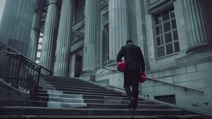 Against the backdrop of the courthouse, a lawyer strides confidently, their boxing gloves serving as a visual representation of their preparedness for legal combat.