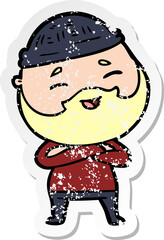distressed sticker of a cartoon happy bearded man