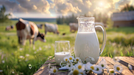 broc rempli de lait avec un verre et des pâquerettes posées sur une table en bois, vaches dans un pré à l'arrière plan - obrazy, fototapety, plakaty