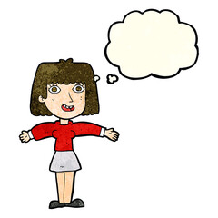 cartoon excited woman with thought bubble