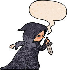 cartoon assassin in dark robe and speech bubble in retro texture style