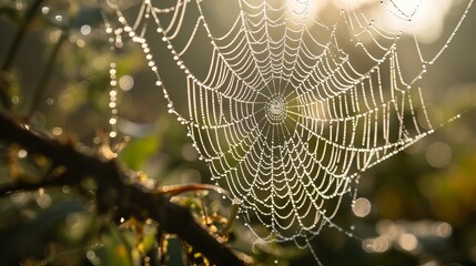 Sunlit Green Foliage Surrounding Dew-Kissed Spider Web in Morning Light