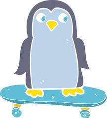 flat color illustration of a cartoon penguin riding skateboard