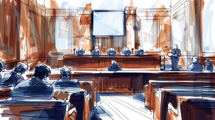 A courtroom sketch capturing the intensity of a trial, with lawyers passionately arguing their case before the judge. - obrazy, fototapety, plakaty