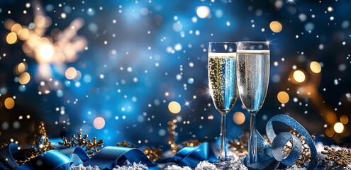 Festive celebration concept card, blue and silver ribbons with snowflakes, New Year's Eve theme, lively and vibrant atmosphere, sparkling champagne glasses and fireworks, copy space