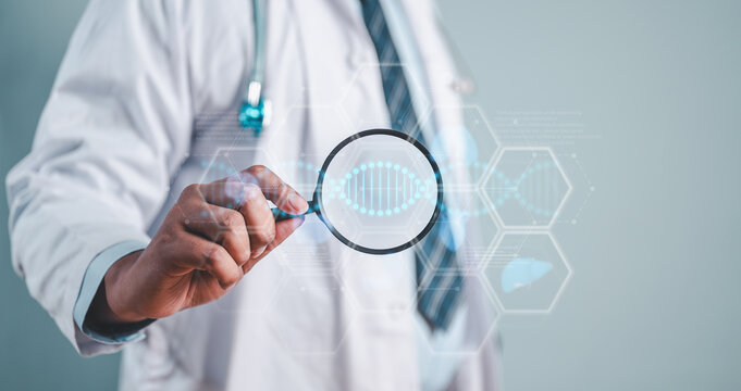 doctor, health care, medicine, science, hospital, research, analysis, health, biology, chromosome. medicine doctor hold a magnifier to search medical record. digital healthcare on hologram screen.