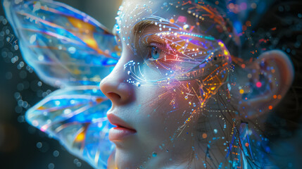 Digital fairy with iridescent wings, cybernetic enhancements, fantasy meets technology - obrazy, fototapety, plakaty