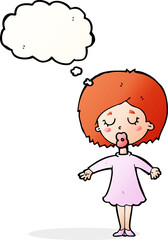 cartoon woman in dress with thought bubble