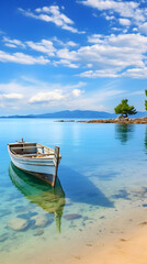 Fototapeta na wymiar Charming Antique Boat Anchored amidst Lush Seascape - A Stunning Capture of Maritime Beauty and Tranquil Seashore