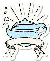 grunge sticker of tattoo style steaming teapot