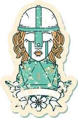 crying human fighter with natural one D20 dice illustration