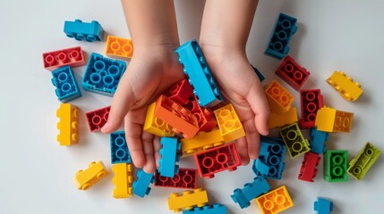 The Hands hold colorful toy plastic bricks and blocks for building toys on a white background.