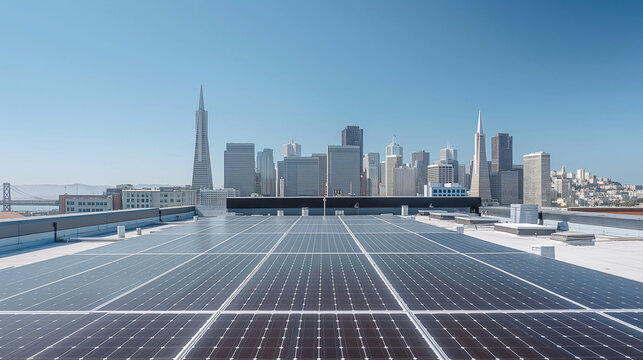 Solar panels on a rooftop, urban skyline in the background, sustainable energy in city settings