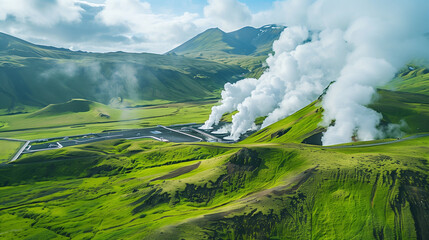 Fototapeta premium Geothermal Energy Plant Amidst Green Landscape, Steam Rising as Symbol of Clean and Renewable Energy Source, Promoting Environmentally Friendly Practices