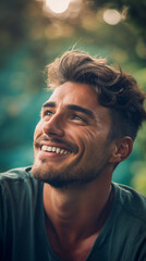Genuine Smiling Handsome Man in Casual Attire: Close-Up Portrait with Blurred Green Background, Authentic Expression and Relaxed Style