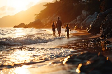 children, father, lifestyle, mother, sunset, vacation, family, together, travel, daughter. rear view of a happy family father and mother with son, walking on the beach at sunset. generative AI.