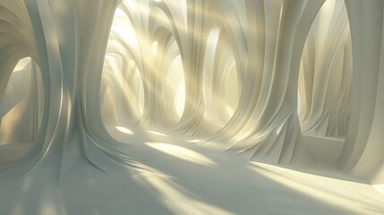 Radiant beams of light casting ethereal shadows on a 3D abstract landscape, blending simplicity with intricate details. - obrazy, fototapety, plakaty
