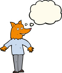 cartoon happy fox man with thought bubble
