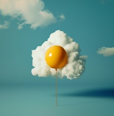 Yellow balloon floating in front of a fluffy cloud. Fried egg association background. - 751585618
