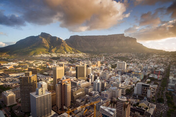 An aerial view of Cape Town central business district in late afternoon as the sun is setting,...