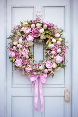 Fototapeta na wymiar Easter card template. Flowers wreath on wooden door. Happy Easter backdrop. Spring celebrations background.