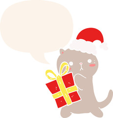 cute cartoon cat carrying christmas present and speech bubble in retro style