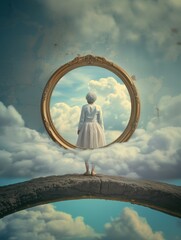 Elderly woman standing on the stone bridge in the sky. Heaven, life after death conceptual background.